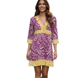 Trina Turk Purple Yellow Zebra Print Empire Waist Dress 3/4 Sleeve V-Neck 4 silk